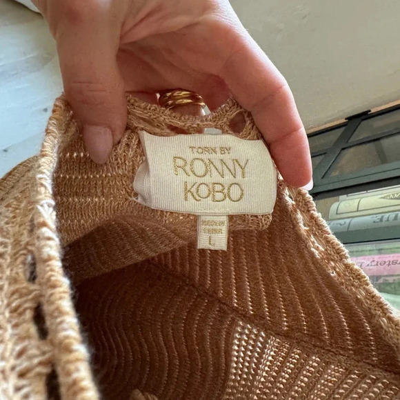 Torn by Ronny Kobo Madi Crochet Dress beige sand maxi resort vneck open back - Picture 3 of 11